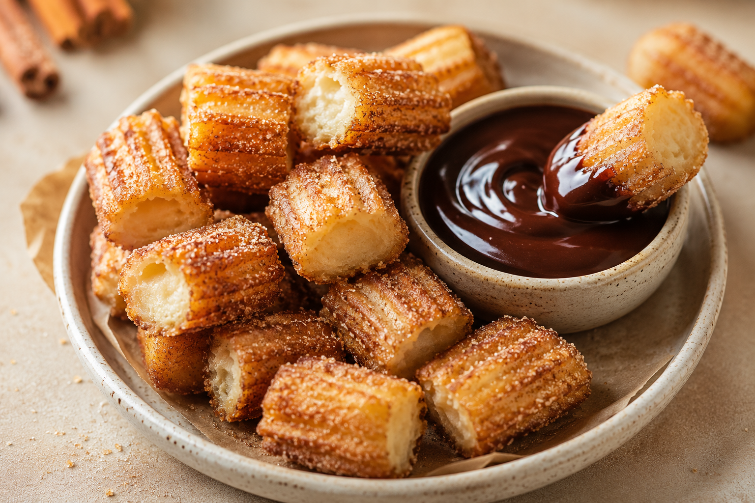 Churro Bites — fried dough with cinnamon sugar and chocolate dipping sauce